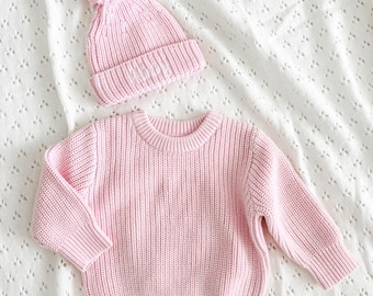 HOED INBEGREPEN (newborn) !! Grof gebreide babytrui, roze babytrui, stijlvolle gebreide trui kinderen, naamborduurwerk op trui, gebreide trui