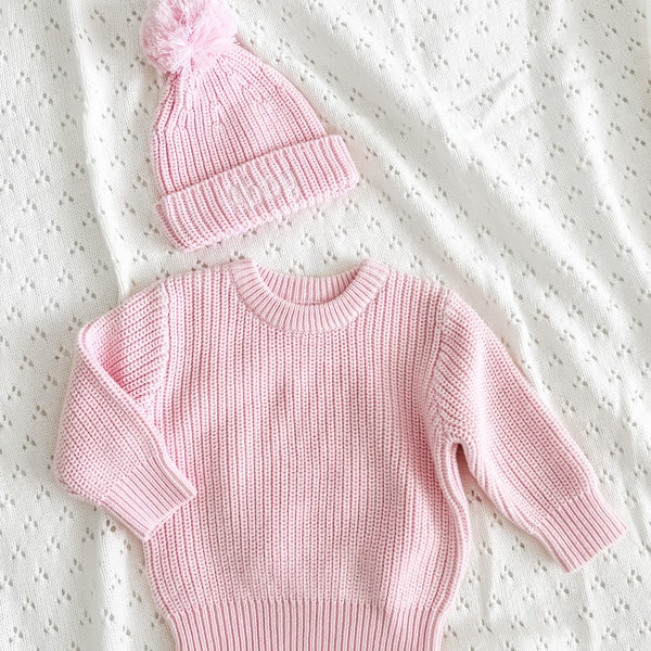 HAT NOT INCLUDED!!Baby chunky knit sweater, pink baby sweater, stylish knit sweater kids, name embroidery on sweater, knit pullover