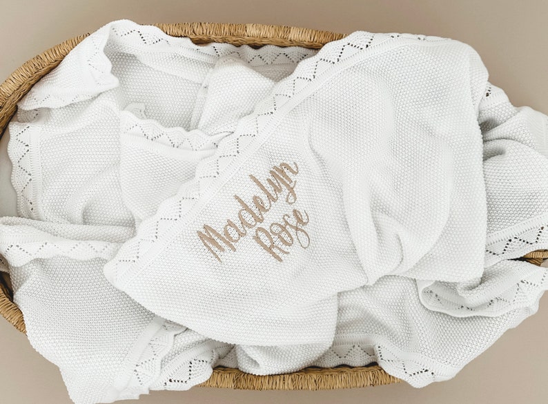 Cotton baby knit blanket, white baby swaddle, knit blanket, personalized baby blanket, receiving blanket, baby cover imagem 2