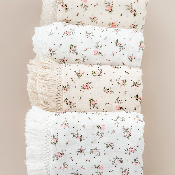 Floral baby swaddle blankets, Pom Pom baby blankets, Pom Pom swaddle, double gauze baby swaddle. Baby Blanket