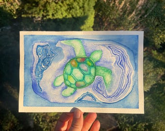 ウミガメの絵画、水彩画、ウミガメのプリント、ウミガメのウォール