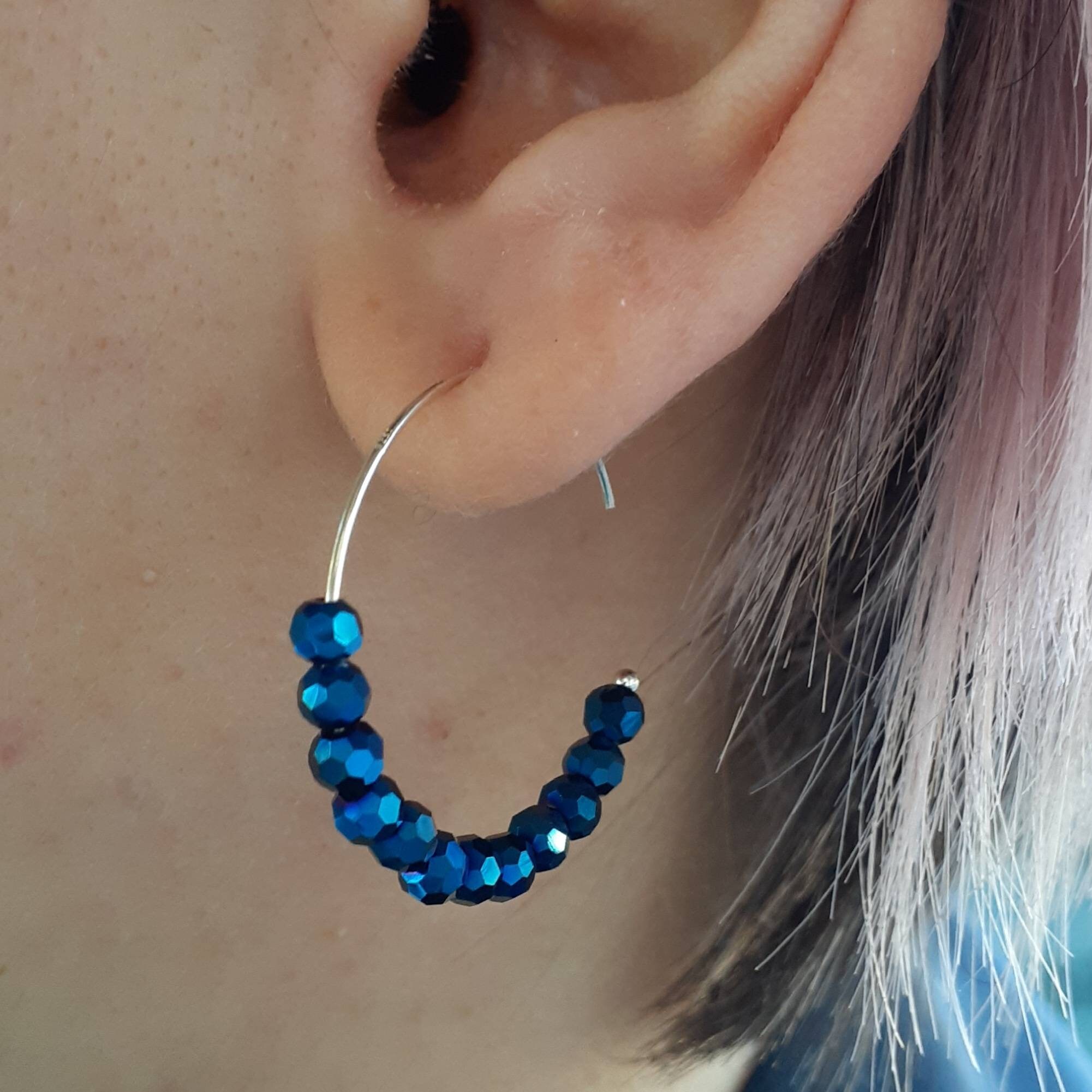 Electric Blue Beaded Sterling Silver Endless Ear Wire Hoops | Etsy