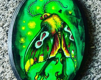 Green Mothman | Handpainted wooden wall slab