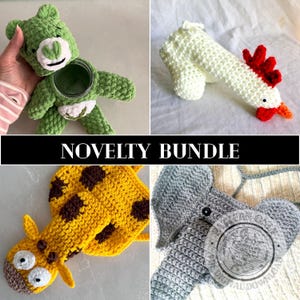 Puede incluir: Un conjunto de novedades hechas a mano con ganchillo. Incluye un oso verde, un objeto blanco con forma fálica con cresta roja, una cabeza de jirafa amarilla y una cabeza de elefante gris. Se muestra el texto "NOVELTY BUNDLE".