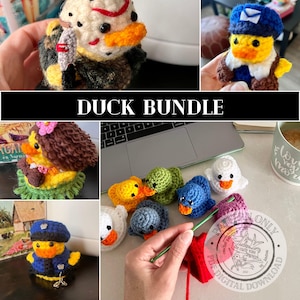 Könnte beinhalten: Eine Sammlung gehäkelter Entenfiguren, darunter eine Ente mit Eishockeymaske und Messer, eine Postboten-Ente, eine Hula-Tänzer-Ente und eine Polizisten-Ente. Das Set enthält verschiedene kleine, bunte Garnenten und eine grüne Häkelnadel.