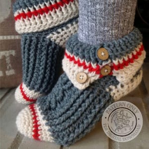Crochet Slipper Pattern PDF - Sock Monkey Slippers, Digital Download