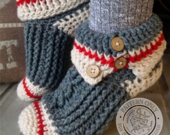 Crochet Slipper Pattern PDF - Sock Monkey Slippers, Digital Download