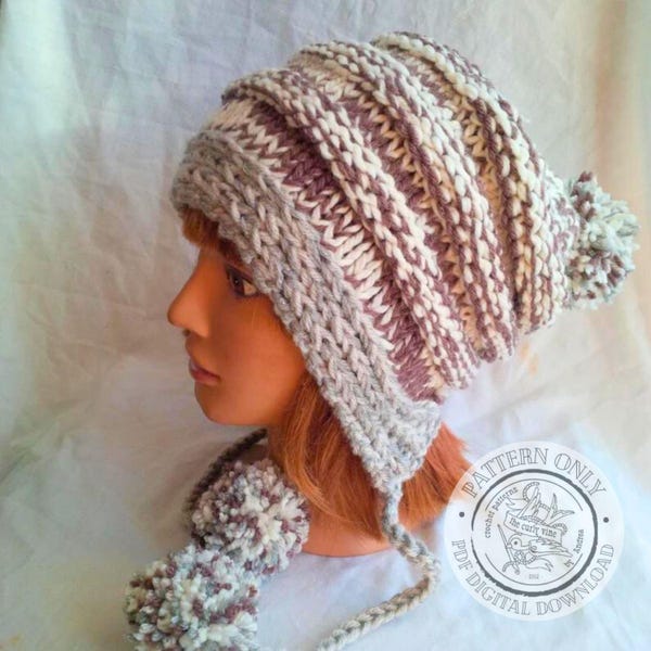Knit Hat Pattern PDF - Slouchy Pom Pom Hat, Digital Download