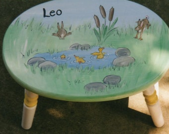 hand painted children's furniture, bunnies and duckies oval step stool, hand painted step stool, personalized, kids step stools