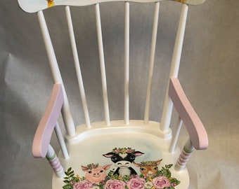 hand painted barnyard babies rocking chair,  baby shower gift, kids rocking chairs, hand painted rockers