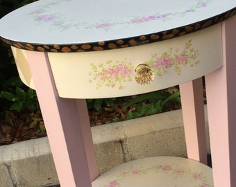 painted furniture, round flower night stand, girls night table, children's furniture, painted bedroom furniture