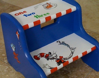 cat in the hat step stool, hand painted step stool, kids stools, kids gifts, new baby gift