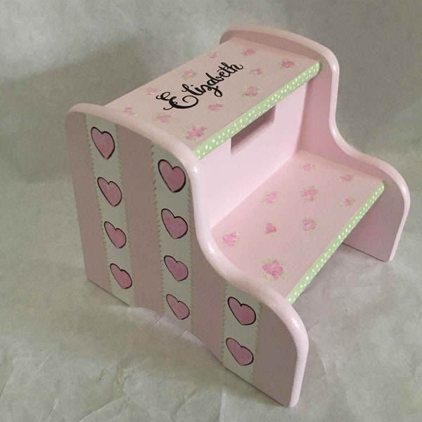 kids painted step stools, hearts and flowers step stool, bathroom step stool, hand painted step stool