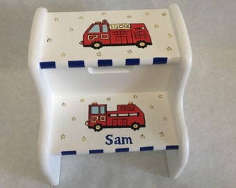 fire truck step stool, hand painted boys step stool, kids step stools, personalized kids step stools