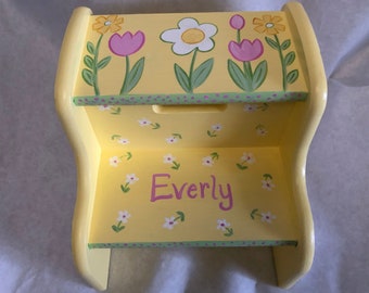 step stool, hand painted flower step stool, kids step stool, kids painted furniture, hand painted furniture