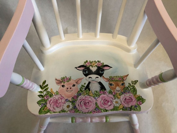 Hand Painted Barnyard Babies Rocking Chair, Baby Shower Gift, Kids