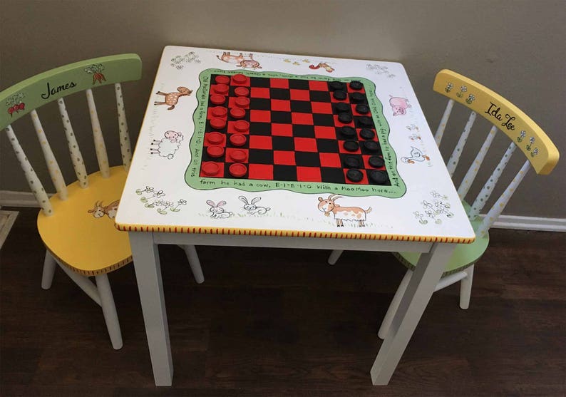 Child's Table and Chair Set, Checker Table Set, Farm Animals Checker ...