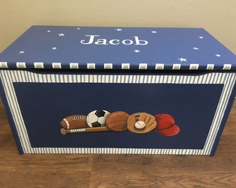 toy box, sports toy box, custom toy box, hand painted toy chests