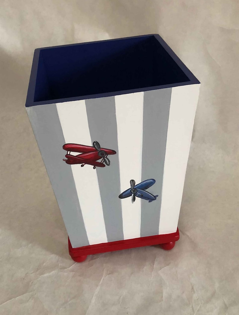 kids trash can hand painted waste basket boys waste basket airplane waste basket