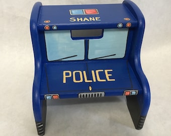 boys step stools, bathroom step stools, Blue police car step stool, hand painted step stools, children's step stools