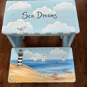 seashore step stool, hand painted step stool, bathroom step stools, kids steps tool