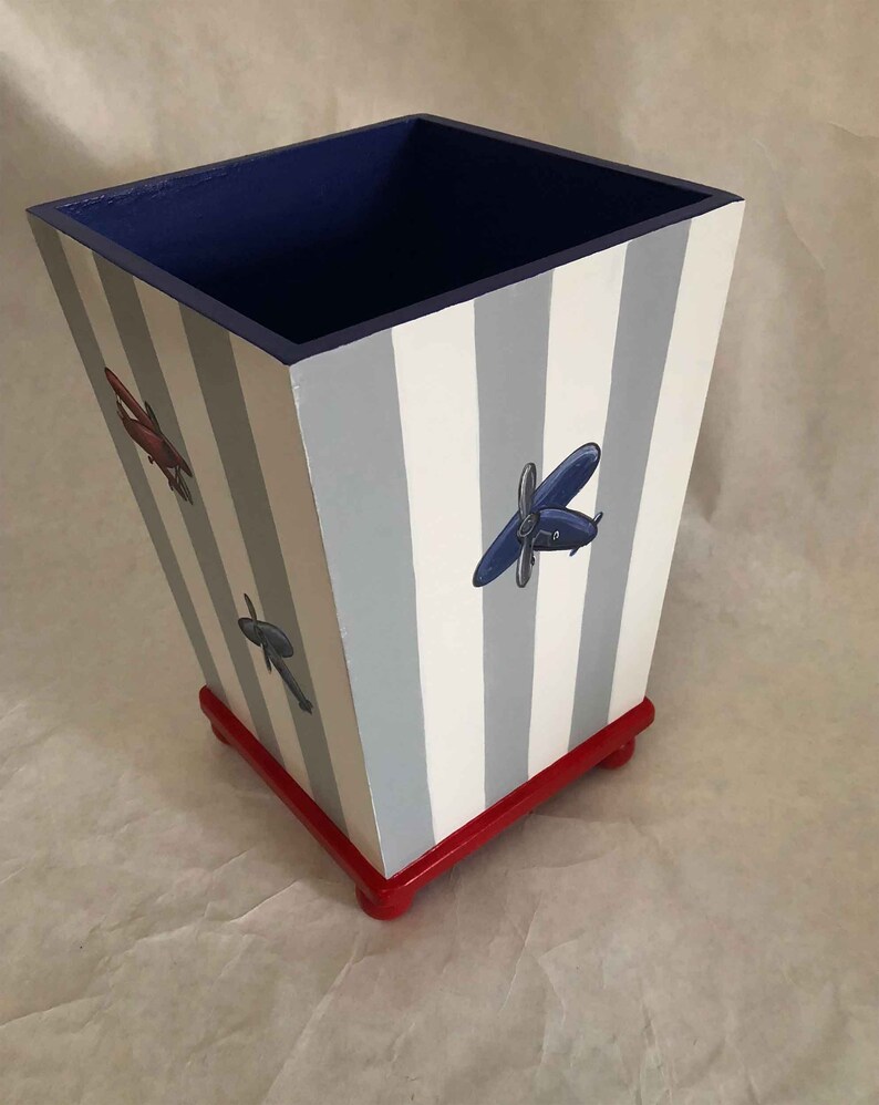 kids trash can hand painted waste basket boys waste basket airplane waste basket