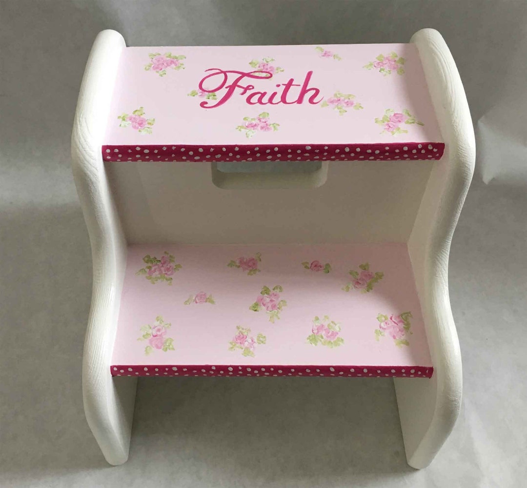 Custom Hand Painted Children's Furniture, Hand Painted Child's Pink Strips and Flowers Step