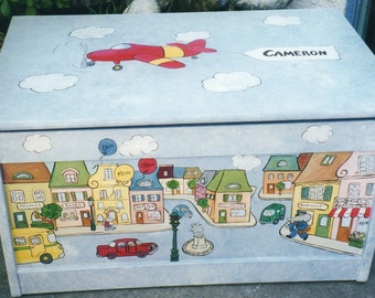 toy box, painted toy box, boys hand painted toy box, children's toy box, kids toy chest