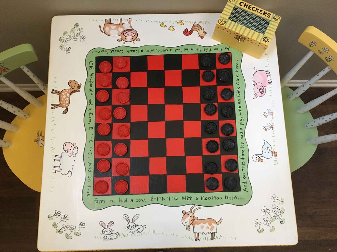 Child's Table and Chair Set, Checker Table Set, Farm Animals Checker ...