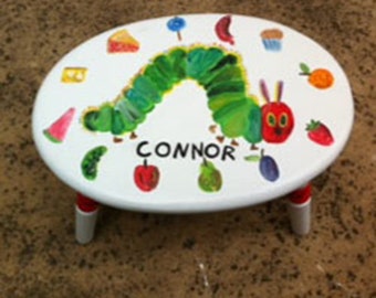 oval kids step stool, hand painted child's step stool, custom step stool, personalized step stool, hungry caterpillar step stool