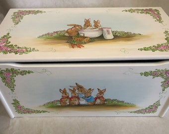 toy box, hand painted toy box, kids painted toy chest, peter rabbit toy box