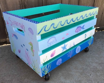 crate book box, toy storage, gifts for kids, sea critters crate toy box, hand painted crate pull toy box