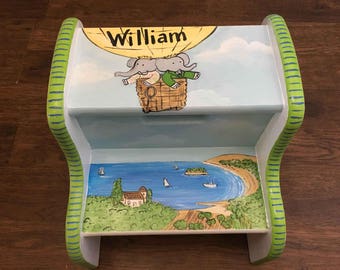 babar step stool, kids painted step stool, hand painted kids furniture, personalized kids step stools