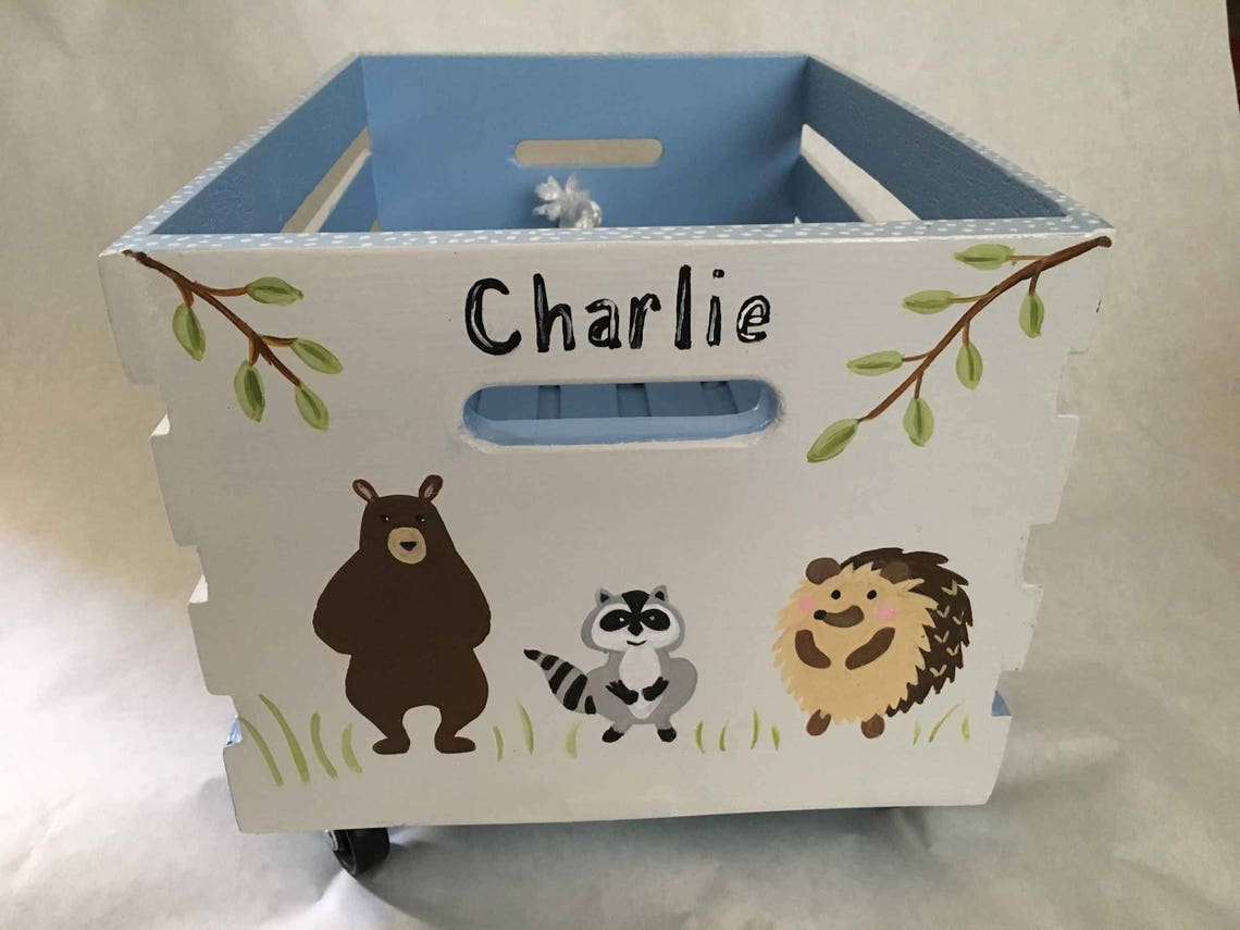 Woodlands Toy Box Crate Book Crate Hand Painted Kids Etsy