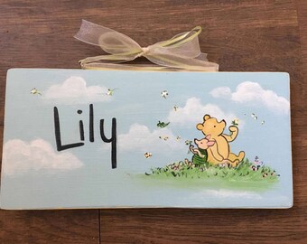 pooh name sign, child's name sign, hand painted name plaque, kids door sign, kids name sign