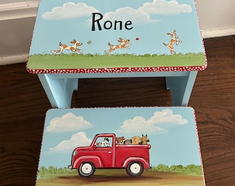 kids step stool, hand painted step stool, doggies step stool, new baby gift