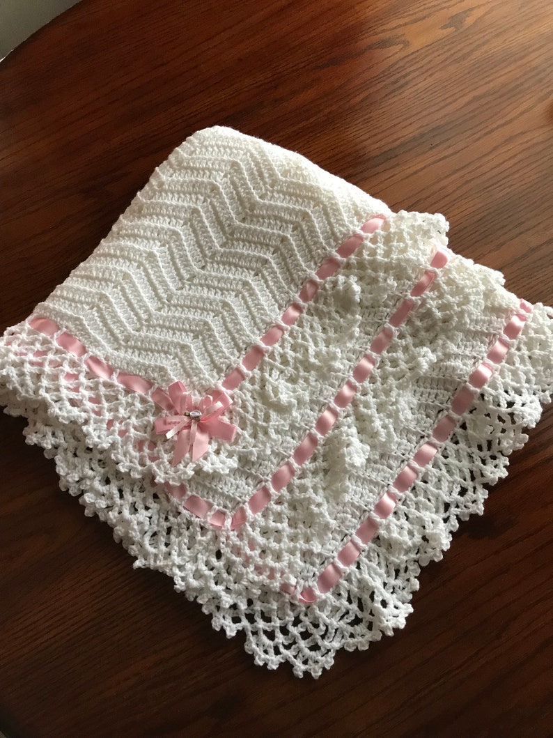 Crocheted Baby Girls Afghan Blanket White Etsy