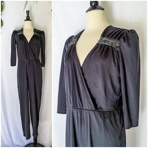 Vintage 1970s 1980s Black & Sequin Jumpsuit / 70s 80s Black Disco Jumpsuit / Knit Disco Chic Ambrosia Jumpsuit with Sequins SZ 13 -14