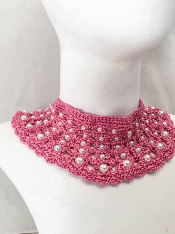 Vintage Knit Crochet Pearl Collar // Pink Knit Co… - image 2