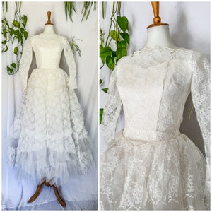 VTG Bride 1950s 1960s Wedding Gown 50s 60s Wedding Dress White Tulle and Lace Fit and Flare Dress w/ Sheer Lace Sleeves Tulip Boat Neckline
