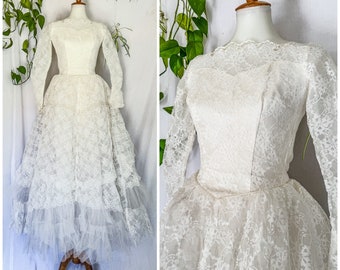 Vintage brudklänning i tyll och spets från 1950-talet, transparenta ärmar - XS