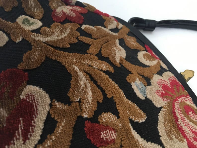 Vintage Tapestry Kelly Bag // 50s 60s Garay Tapestry Purse / Velvet Tapestry HandBag // 1950s 1960s Purse // Mid Century Floral Tapestry Bag image 5