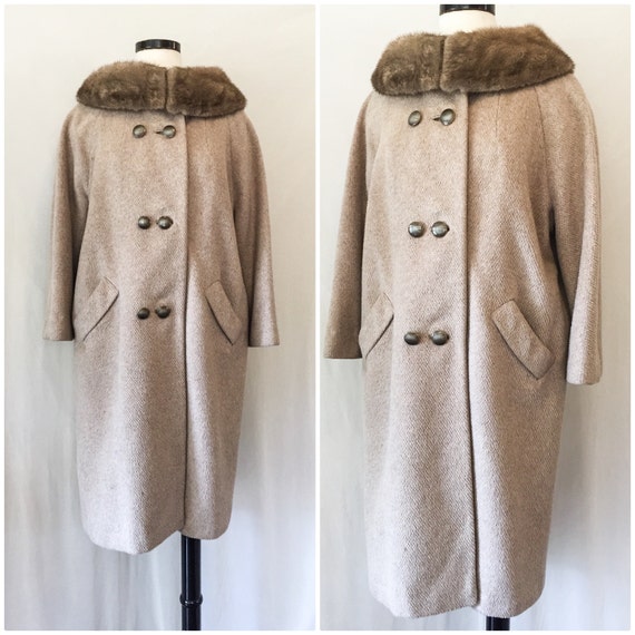 Vintage 1950s 1960s Taupe Wool and Fur Coat // taupe grey | Etsy