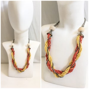 Vintage Beaded Necklace / 70s Ethnic Multi Strand Yellow, Corral, Silver Seed Beads & Large Silver, Bone Beads / Hand Crafted, Tribal, Boho