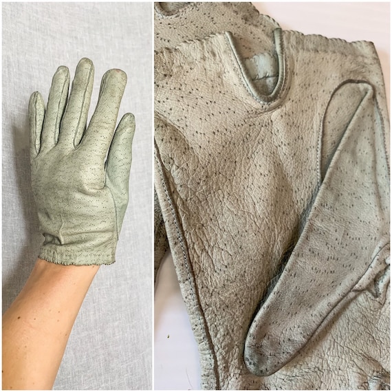 Vintage Deerskin Leather Gloves / Sage Green Soft… - image 1