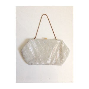 Vintage Beaded Bag // VTG Seed Bead Handbag // Mid Century Purse // Handmade in Hong Kong // White Seed Beaded Evening Bag