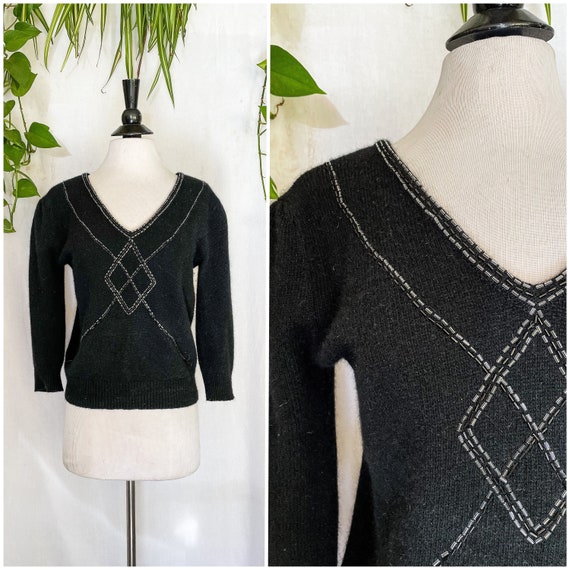 1980s Black Angora Beaded Sweater / 80s Lambs Wool