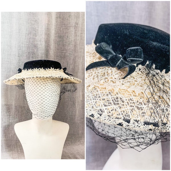 VTG Black & White Hat / 1940s 1950s Wide Brim Hat / 40s 50s New Look Hat / Saucer Hat Cartwheel Hat / Black Velvet and Ivory Lace w/ Veil