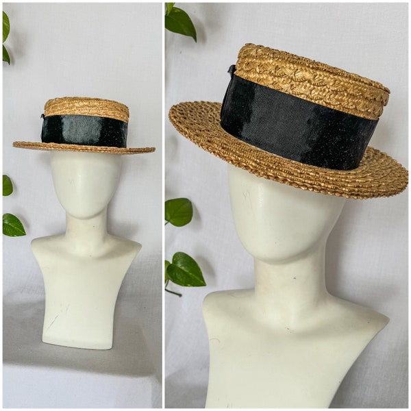 VTG Boater Hat / Antique 1910-1920 Straw Boater Hat W/ Black Hatband / Antique Vintage 20s Quality Straws Boater Hat Skimmer Hat, Size 7 1/8