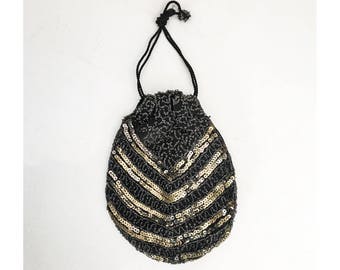 1920s Art Deco Beaded Reticule Bag, Gold Sequins, Handmade Belgium